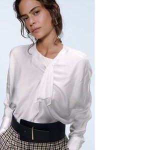 Zara White Satin Long Sleeve Blouse With Ruffle Detail, NWT, S
